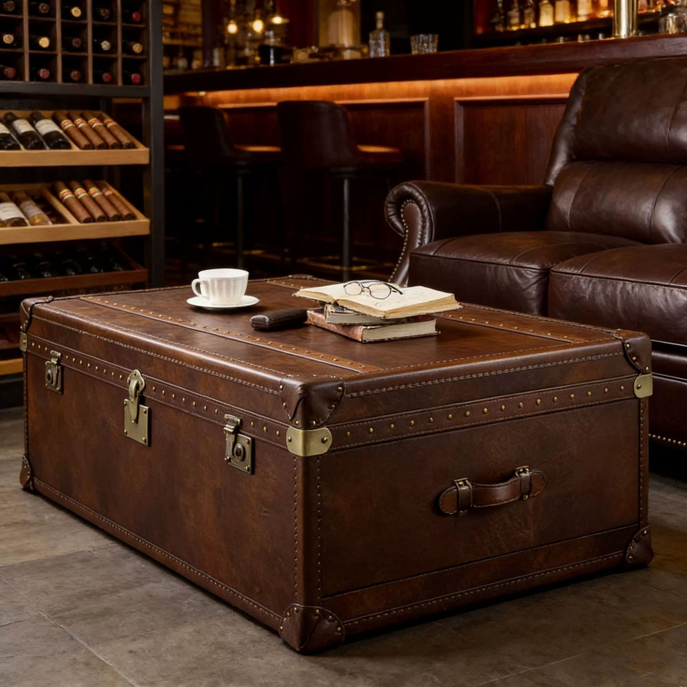 American retro oil wax genuine leather coffee table, villa living room high-end storage box, vintage style storage coffee table, cigar bar
