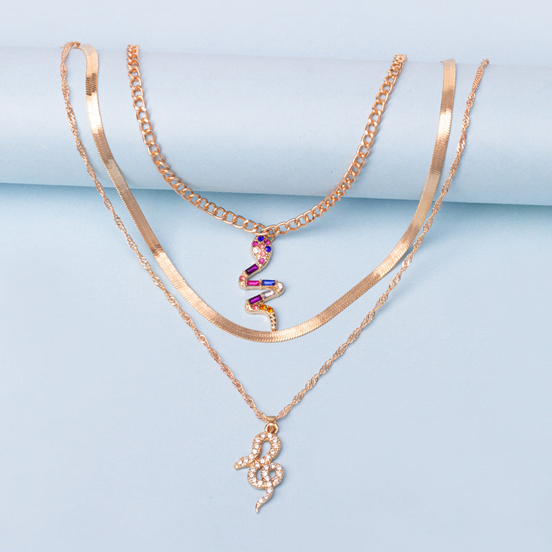 Double layer snake-shaped diamond necklace wholesale european and american cross-border pendant ins creative stylish punk thick chain clavicle chain for women