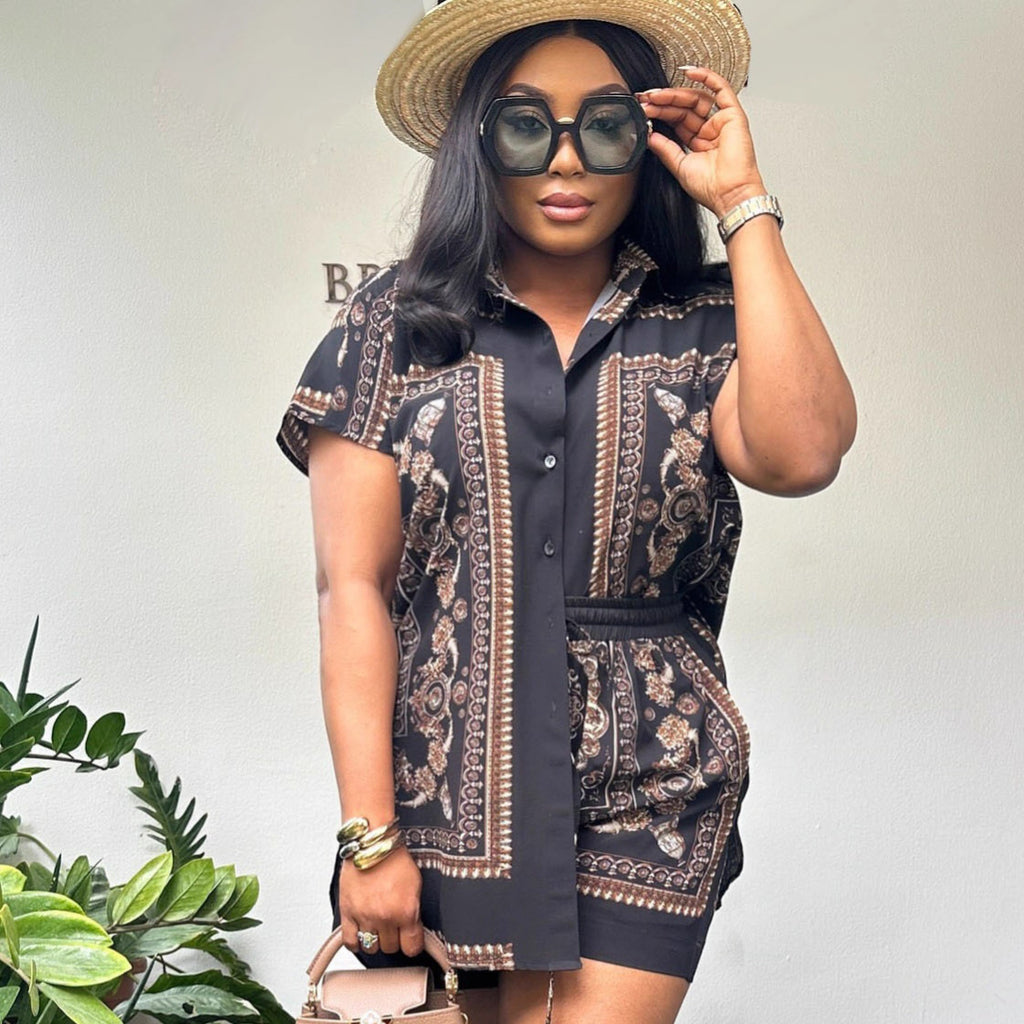 Cross-border European and American women's clothing loose short-sleeved shirt casual shorts women's African cardigan positioning printing new set