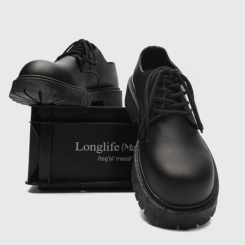 Men's leather dress shoes: spring casual retro chunky platform derby shoes, british style black wide fit trendy shoes