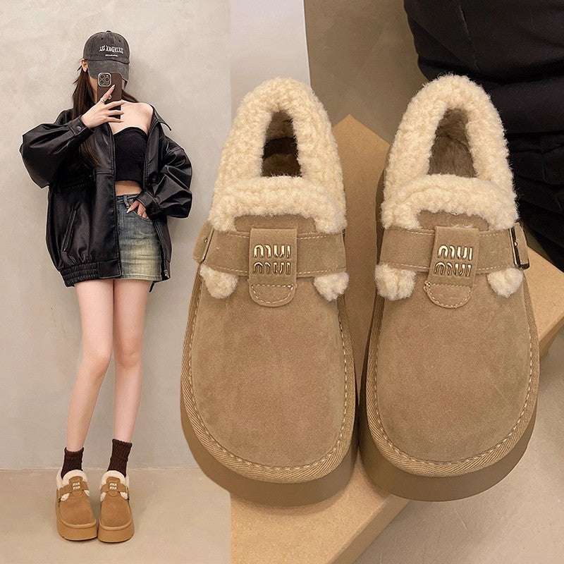 Thick sole birkenstock short snow boots for women fleece-linedheattechpopular slip-on autumn winter2025new arrival bean cotton shoes