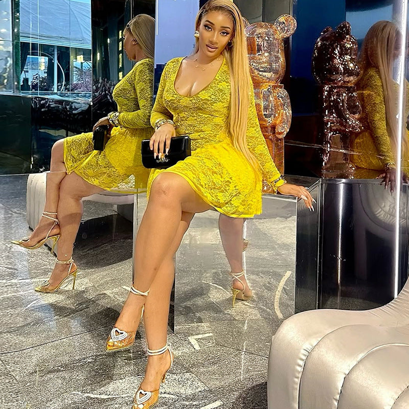 European and american cross-border women's fashion:  summer new arrivals - sexy v-neck lace long sleeve high-waisted asymmetrical mini dress