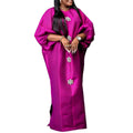African-inspired loose fit lantern sleeve maxi dress - round neck, cinched waist, flowy hem, solid color party dress