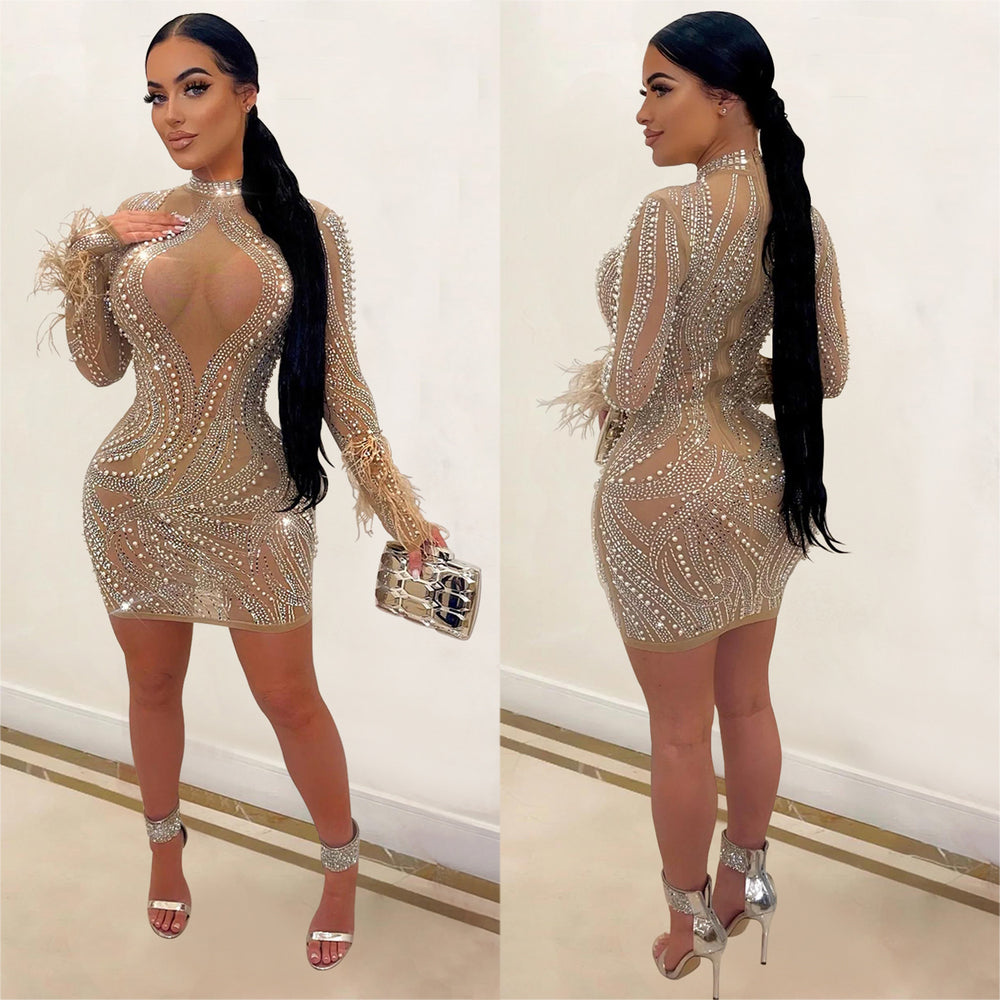 C6192   fashion women's mesh see-through rhinestone beaded long sleeve feather dress