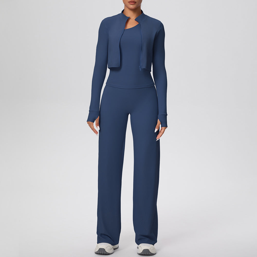 pure color brushed tight one-shoulder vest wide-leg long three-piece set sports running fitness yoga suit