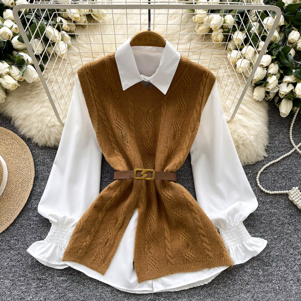 Korean style age-defying layered two-piece set: chic and versatile sleeveless slit knit vest with a stylish white long-sleeve shirt