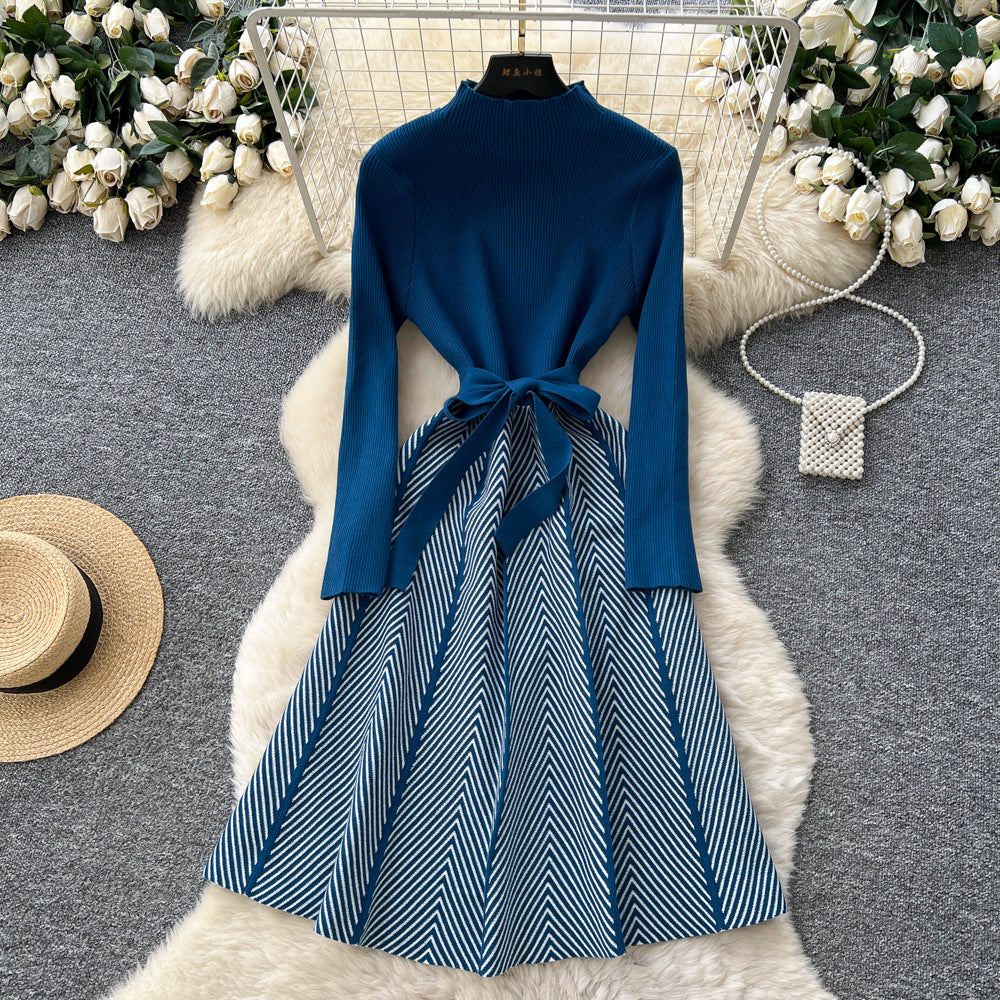 Xiaoxiangfengclassy contrast colorbows strappy long sleevesdress women's metal buckle waist slimming lookknitting short skirt