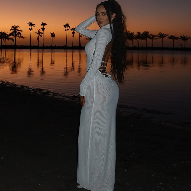 European and american style cross-border elegant slim-fit women's sexy backless bodycon dress with stand collar, long sleeves, solid color, and slimming long dress