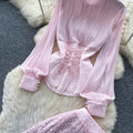 French chic sequin mesh pleated two-piece set - women's spring/autumn high-waisted tie-waist premium elegant outfit