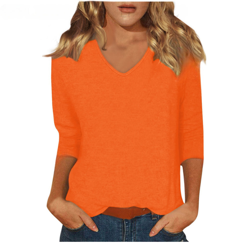 cross-border  women's everyday versatile casual v-neck solid color three-quarter sleeve t-shirt top