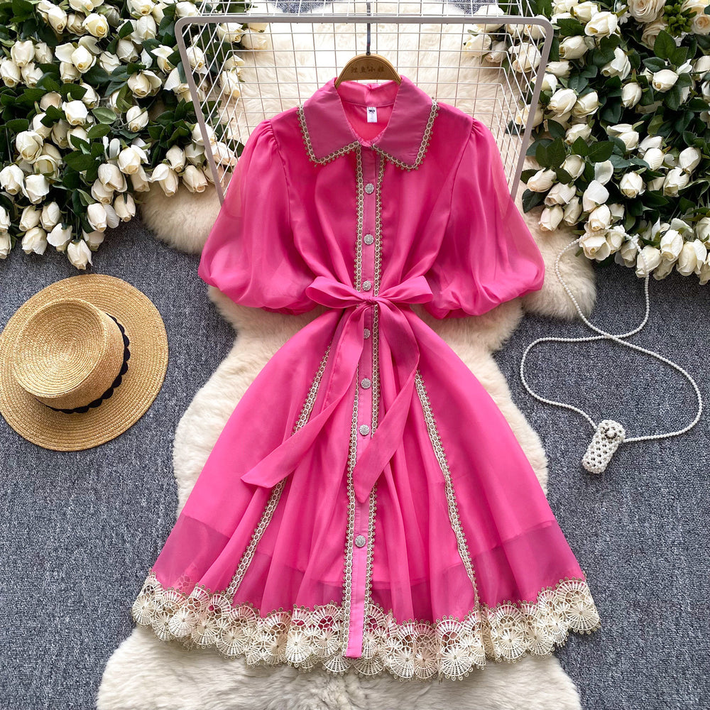 summer women's vintage-inspired court style dress: exquisite lace patchwork, tie-waist, lantern sleeves, and mesh overlay