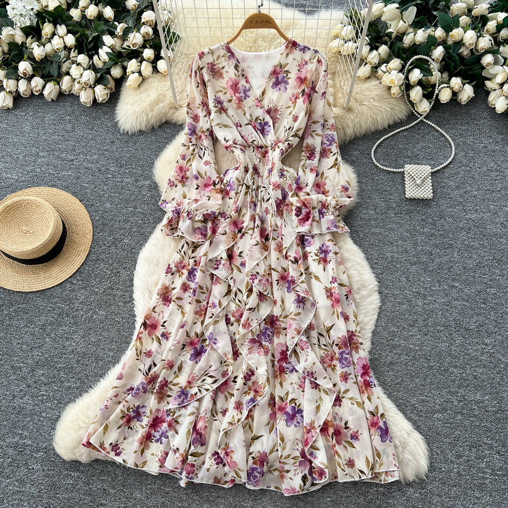French retro v-neck long sleeve floral chiffon dress - women's  autumn collection - cinched waist, elegant ruffle hem maxi dress