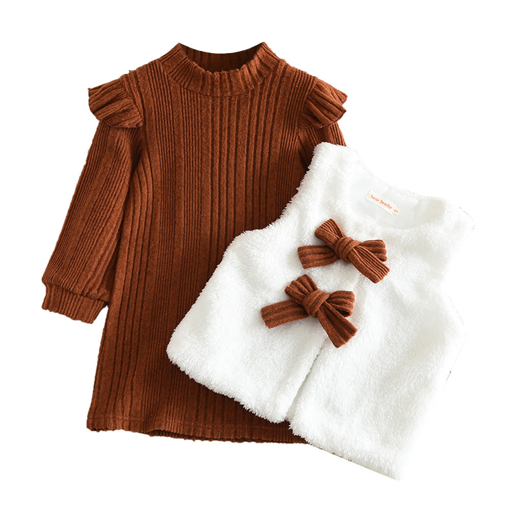 Girls' european and american style autumn/winter  ribbed long-sleeve inner layer high-neck dress with plush vest two-piece set