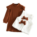 Girls' european and american style autumn/winter  ribbed long-sleeve inner layer high-neck dress with plush vest two-piece set