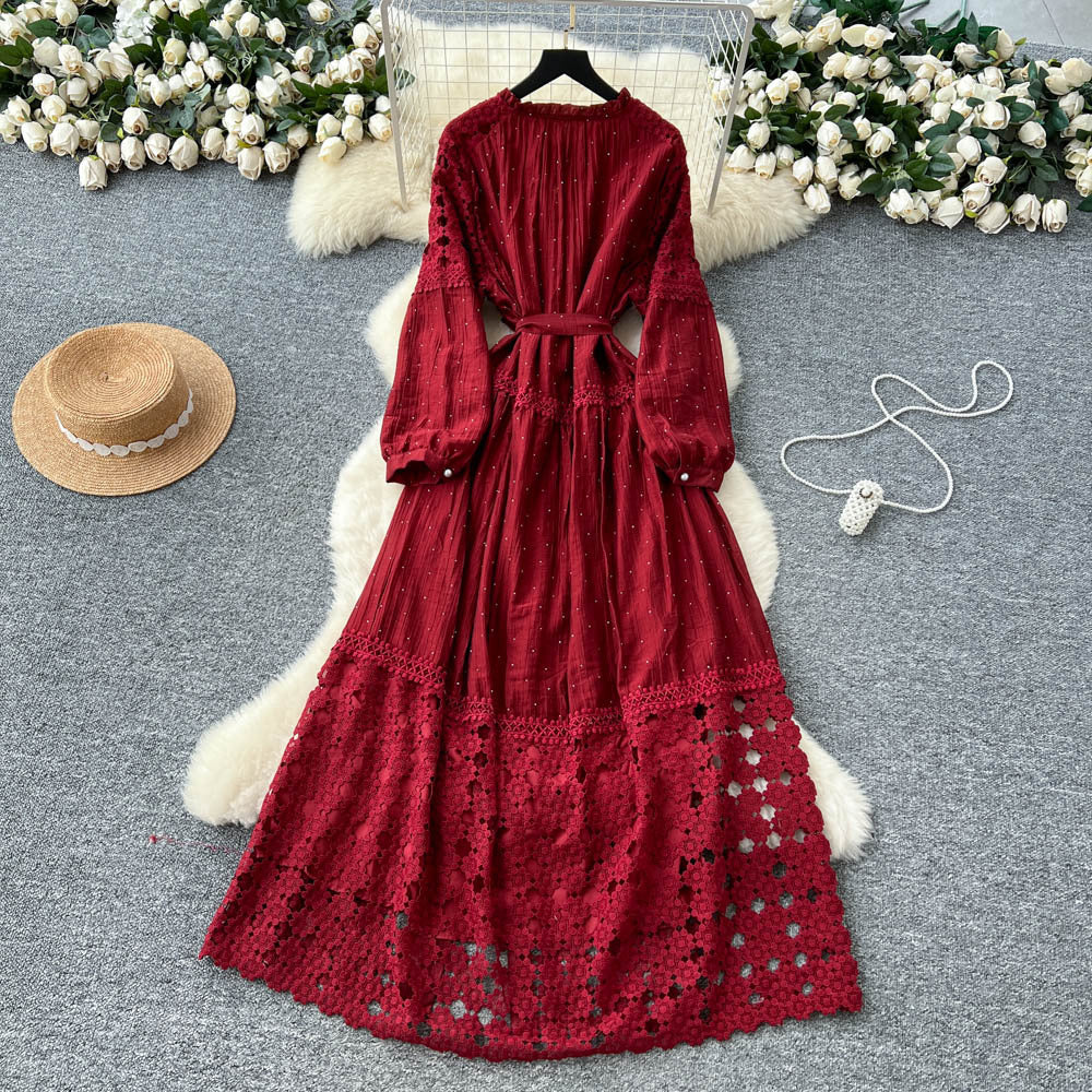 French retroelegancedress women's new arrivalclassy lacepatchwork strap waist elegant long skirt