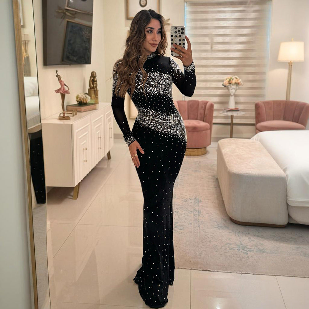 CY901655 European and American 's new semi-turtleneck sexy hip-wrapped long dress dress dress party hot diamond model