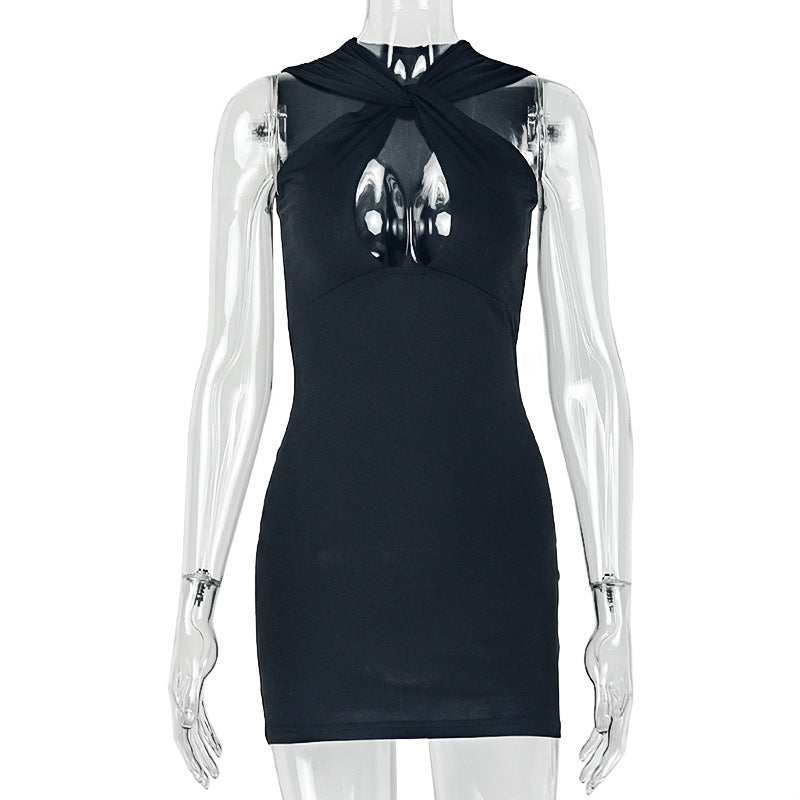 European and american style ins cross-border pure color silm women's v neck summer elegant hip skirt date sleeveless short trendy dress