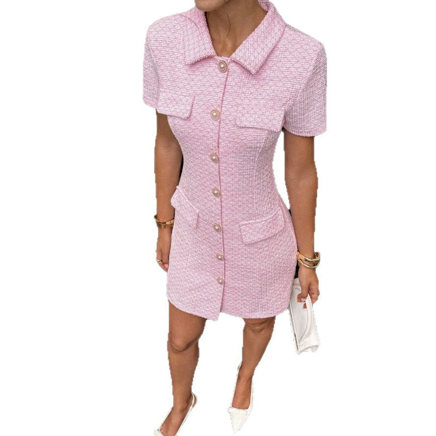new arrivalfrench tweed style round neck short sleeve knitting pink dress