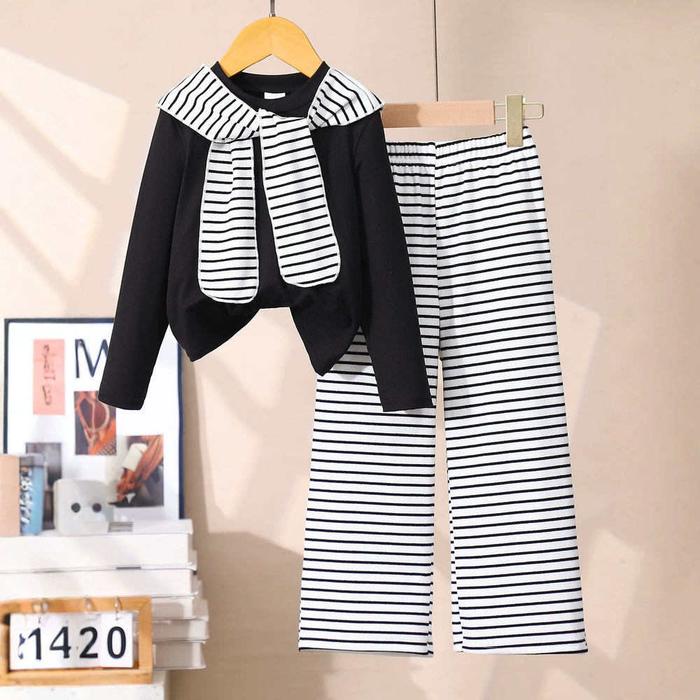 Girls' two-piece set: solid color long-sleeve top and striped flare pants with shawl