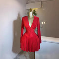 Export women's clothing pleated v necklong sleevesdressfrenchelegant silm waist slimming lookpleated short skirt