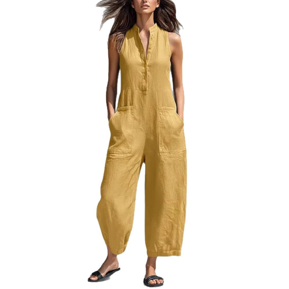 european and american women's clothing  independent station casual women's sleeveless stand collar pocket jumpsuit independent station black