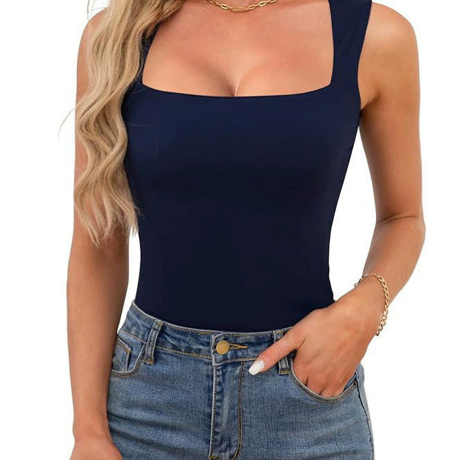 2025 Cross-border European and American Spice Girls Wear Sling Vest Women's Summer Sleeveless Off-Shoulder Square Neck Threaded Shoulder Strap Top Women