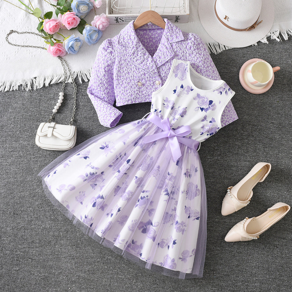 Girls' export dress set: sky blue rose print sundress with chanel-inspired lapel jacket - two-piece outfit for kids