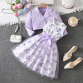 Girls' export dress set: sky blue rose print sundress with chanel-inspired lapel jacket - two-piece outfit for kids