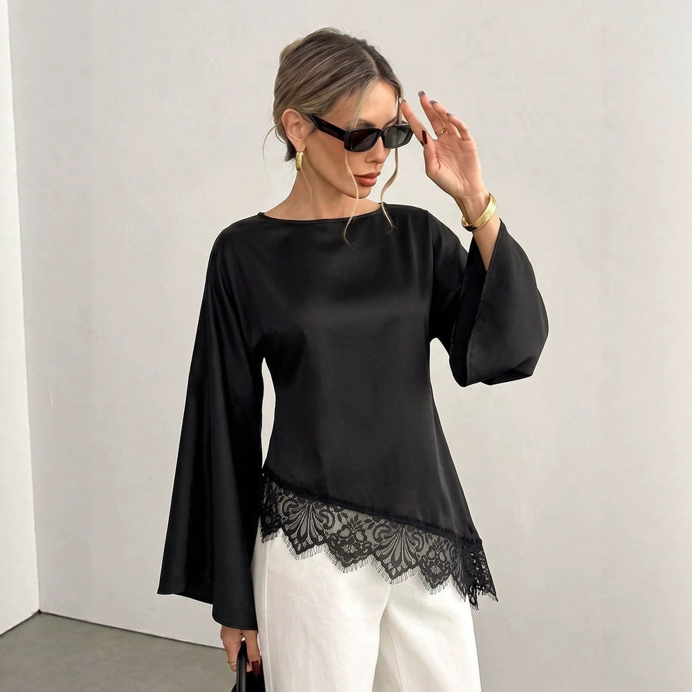 Round neck large horn long sleevestops women's asymmetrical hem lacepatchworklooseelegant women's clothing export cross-border