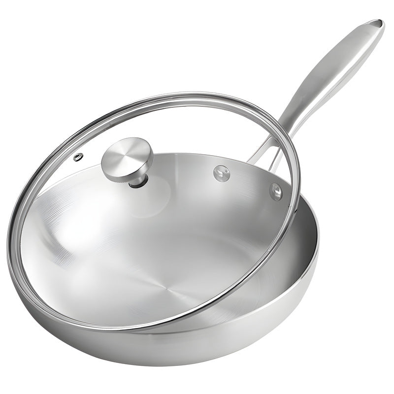 Uncoated, heavy-gauge 304 stainless steel frying pan - non-stick, suitable for home use, compatible with gas and induction cooktops