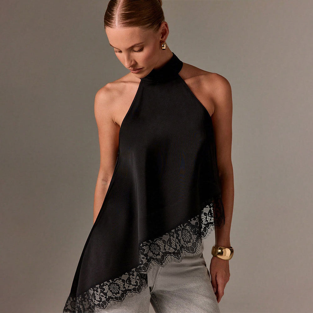 European and american summer new satin patchwork lace tank top halter sleeveless mandarin collar new off-the-shoulder irregular top