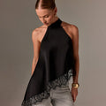 European and american summer new satin patchwork lace tank top halter sleeveless mandarin collar new off-the-shoulder irregular top