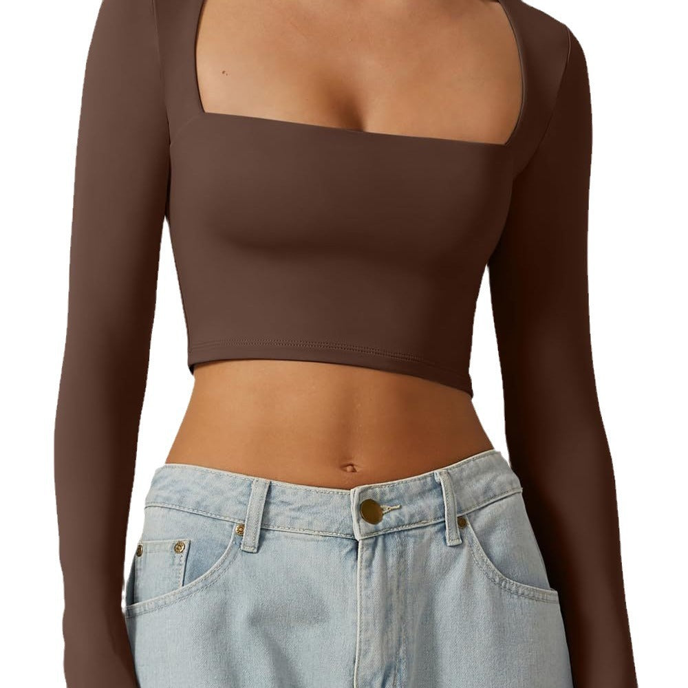 european and american autumn women's slim-fit cropped top: solid color square neck base layer, gentle long-sleeve square neck short top