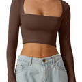 european and american autumn women's slim-fit cropped top: solid color square neck base layer, gentle long-sleeve square neck short top