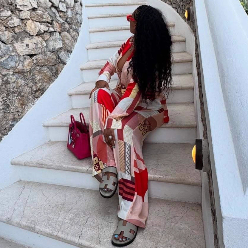European and American large-size temperament elegant cardigan printed shirt trousers women's African fashion foreign style new women's clothing two-piece set