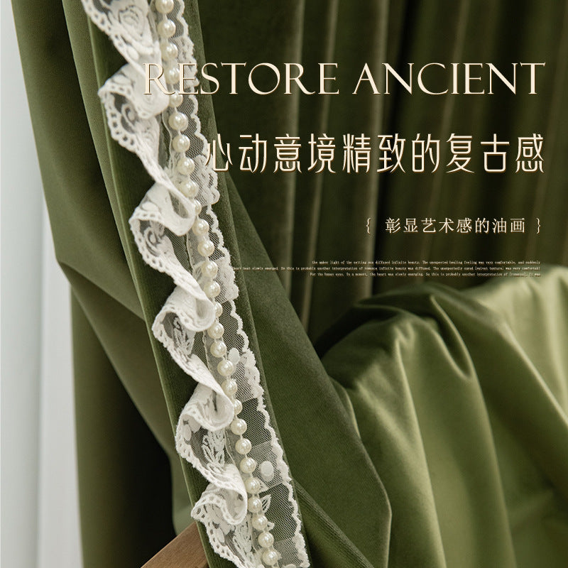 French retro olive green blackout curtains for living room and bedroom, velvet fabric, thickened curtain fabric, shaoxing curtain wholesale