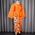 Evening elegance formal dress - printed patchwork flared sleeve cinched waist tie-up bow slim fit dress