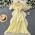Lady style yellow casual puff sleeve dress women's summer lazy square neck waist slimming look a-line long skirt