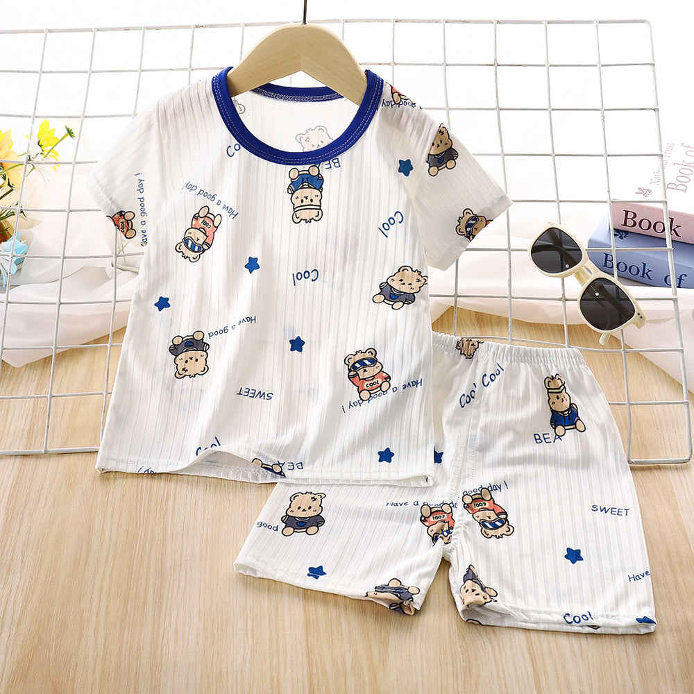 Kids' summer ice silk short-sleeve set - lightweight air conditioning suit for boys and girls, toddler and children's sleepwear, loungewear, and children's clothing