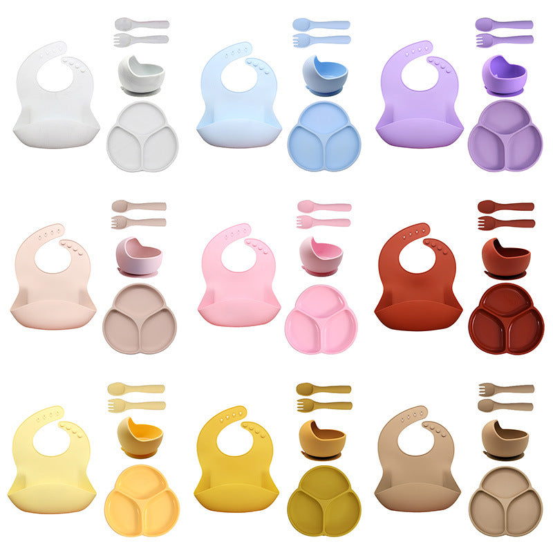 Children's silicone tableware set, complementary food bowl, baby learning to eat, fork, spoon, saliva pocket, strong suction, anti-drop tableware set