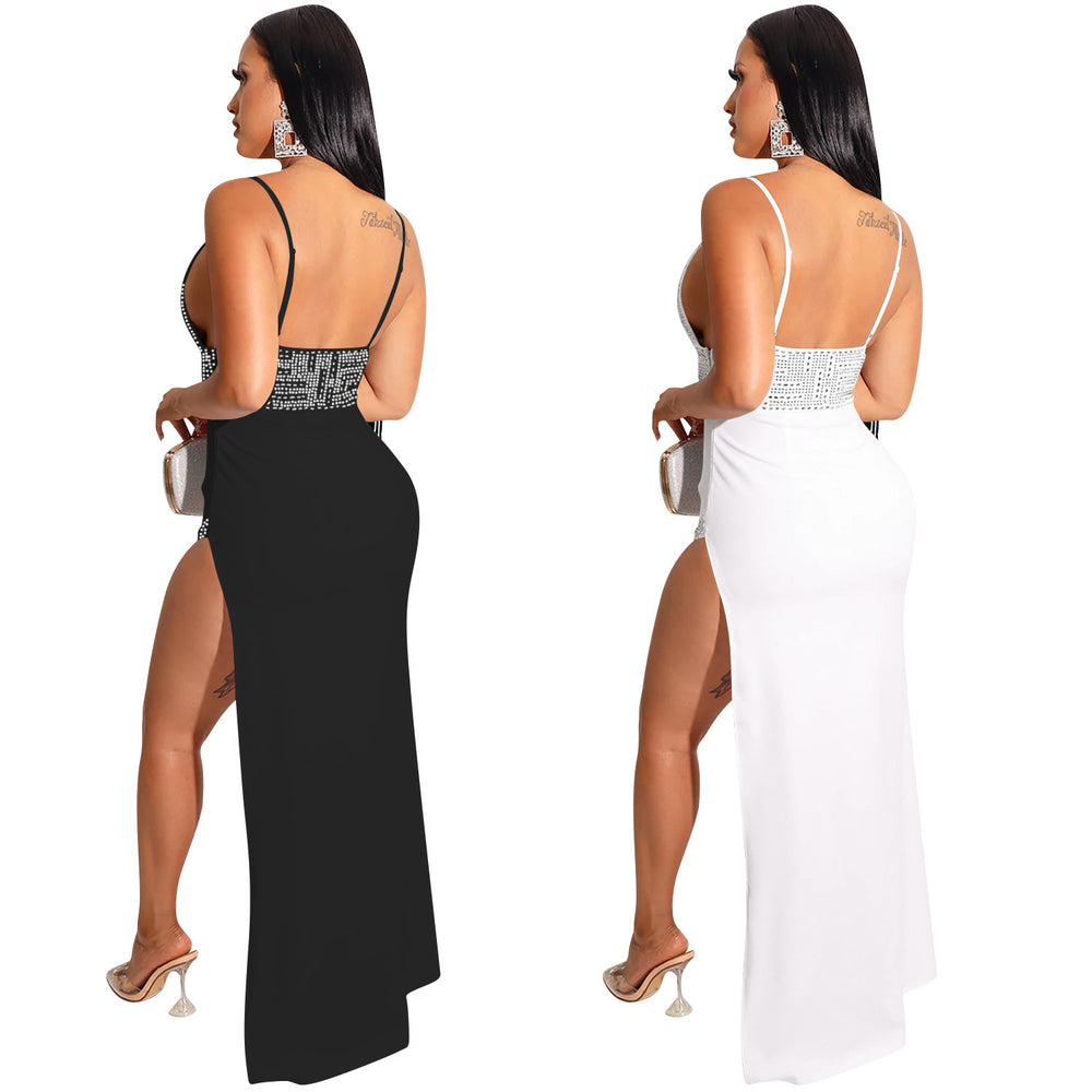 C5902 cross-border new arrival: hot-selling -style european and american rhinestone embellished sexy cami irregular maxi dress