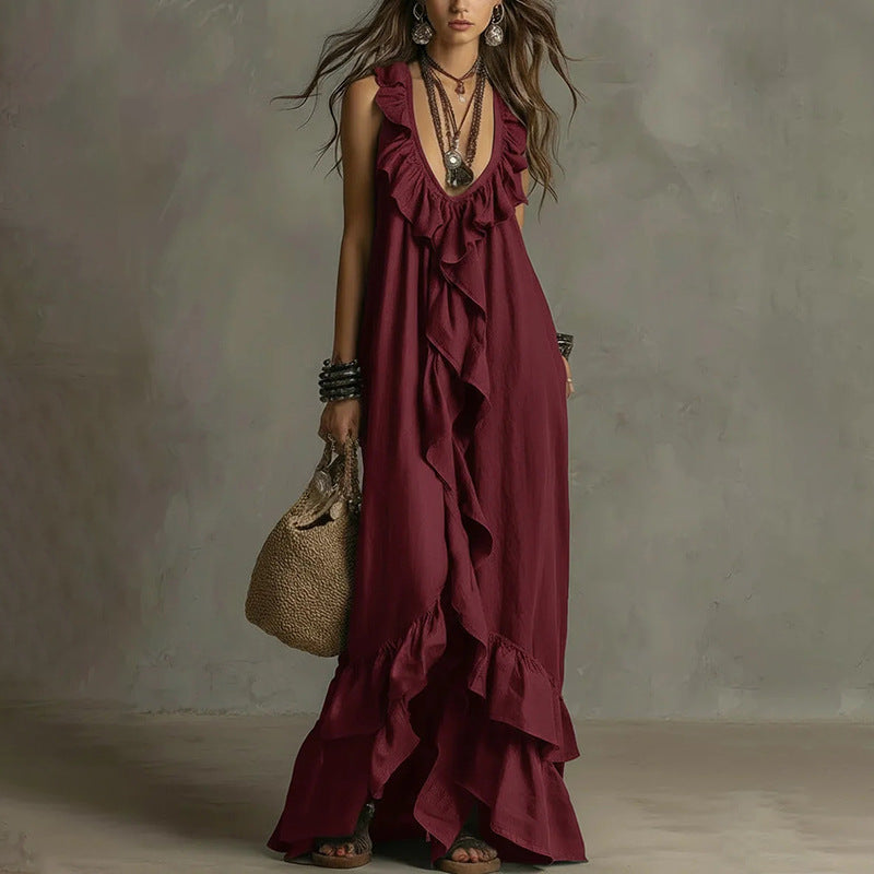 summer new women's fashion: european and american style cross-border dress - stylish, elegant, loose-fit a-line maxi dress with lace trim