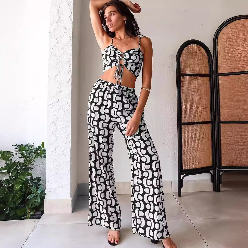 S10832 Europe and America, two-piece set of printed straps, hollowed-out suspenders, wide-leg pants