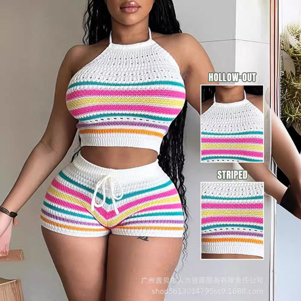 XT8157  Summer Women's New Sweater Fashion Printed Halter Neck Top Hip Tights Cover