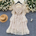 French chic, high-end, heavily embellished, 3d floral, square neck, flared sleeve, cinched waist, cutout lace dress - spring  collection