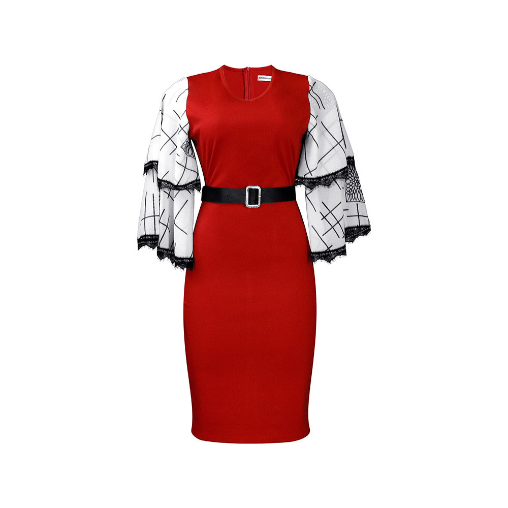 D301 cross-border women's fashion  new v-neck flared sleeve bodycon pencil skirt - office commute style, european & american dress