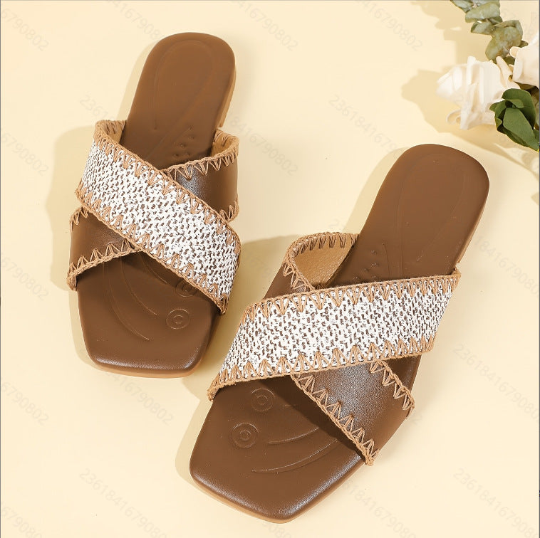 Summer ethnic style criss-cross strap open-toe flat sandals women's bohemian woven casual beach slippers
