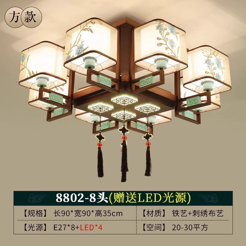 New Chinese style bedroom living room ceiling lamp Chinese style atmosphere Zen dining room box tea room embroidery fabric chandelier