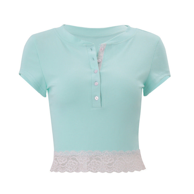 European and american women's clothing  summer new fashion versatile sheer single-breasted slim-fit elegant lace trim cropped top