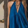 Summer new european and american cross-border hot seller: royal blue and white halter neck deep v cotton linen dress - loose fit, figure-flattering beach dress